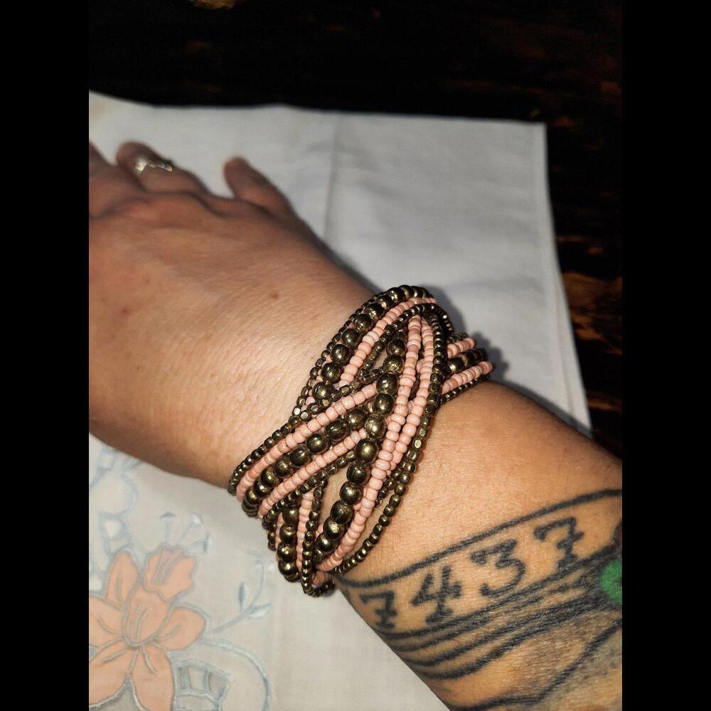Pink and brown seed bead flexible cuff bracelet